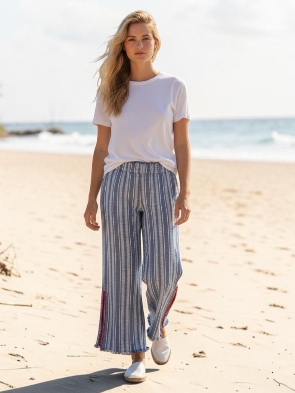 Blue Rein Pants Womens M Blue Stripe Chambray Cropped Elastic Waist Beach